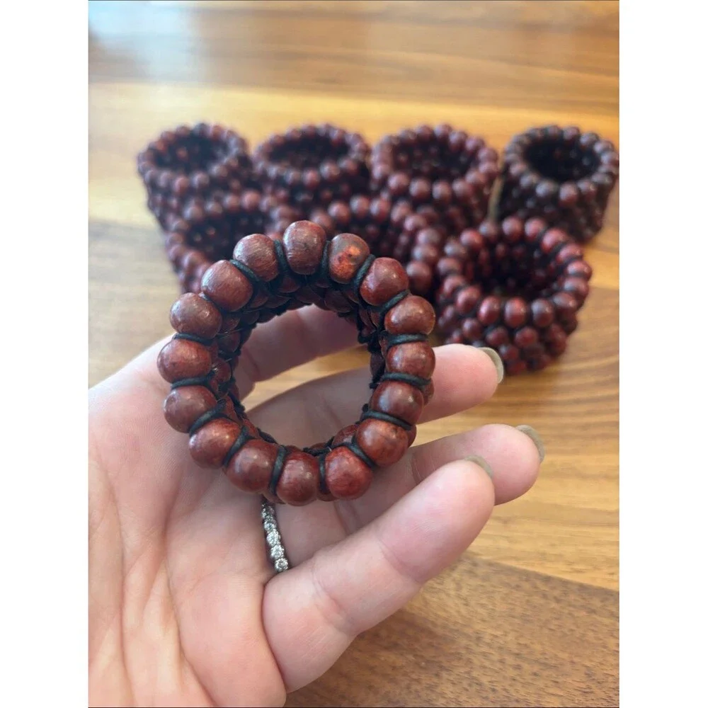 Crate & Barrel Mahogany Wood Red Beaded Napkin Rings Set of 8